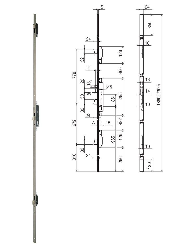 6000 - Fechadura Multiponto Yale — desenho técnico com cotas